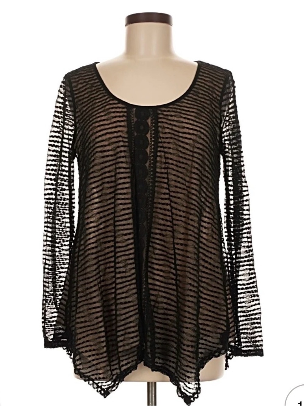 Max Studio Black Sheer Striped Lace-Trim Long Sleeve Top